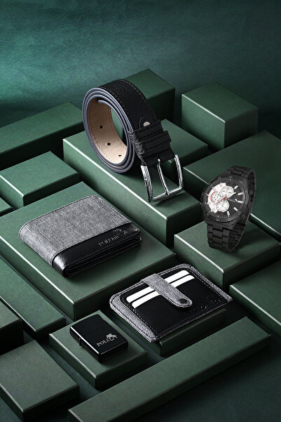 Polo Air Erkek Kol Saati Kemer Cüzdan Kartlık Çakmak Kombin Set Gri Renk PL-0...