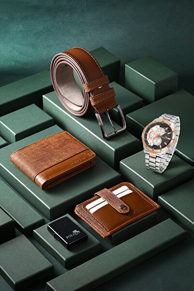 Polo Air Erkek Kol Saati Kemer Cüzdan Kartlık Çakmak Kombin Set Taba Renk PL-...