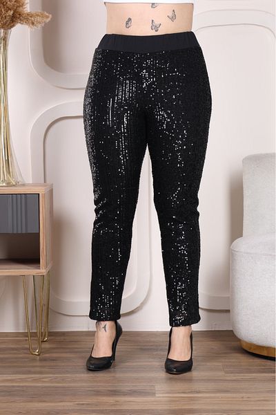 ZEYN TEKSTİL Women's Black Sequined Fabric Trousers