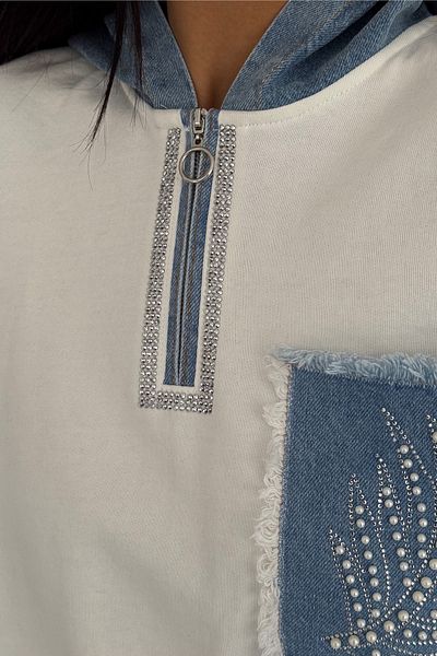 FEMELLE Denim Pearl and Stone Studded Cotton Oversize Sweatshirt with Hood and Pocket