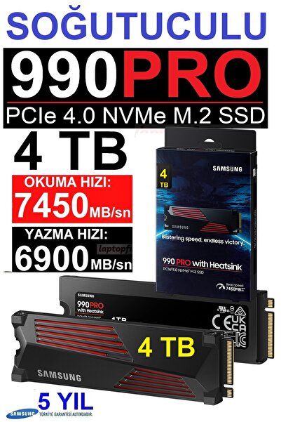 Samsung 990 PRO Sogutuculu 4TB MZ-V9P4T0CW 7450MB-6900MB/Sn PCIe 4.0 x4 NVME 2.0 M.2 SSD