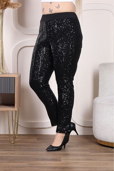 ZEYN TEKSTİL Women's Black Sequined Fabric Trousers