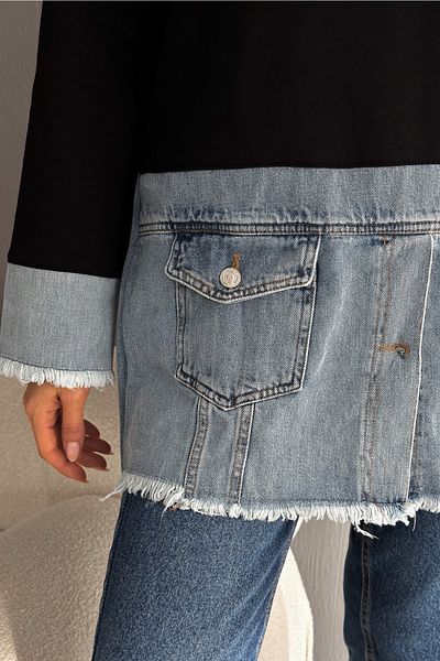 FEMELLE Dámská mikina Denim Denim s kapucí a detailním designem na knoflíky
