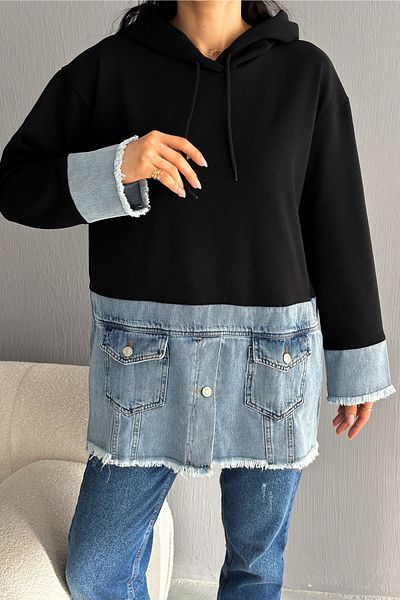 FEMELLE Dámská mikina Denim Denim s kapucí a detailním designem na knoflíky