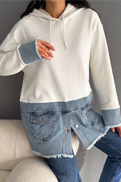 FEMELLE Women's Hooded Denim Denim Detailed Button Design Sweatshirt