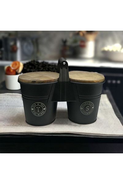 LUCKYHOMES Special Production Wooden Lid Tea Sugar Bucket 2 Pieces, Metal Pulses Bucket Black 30x16
