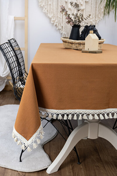 NDC HOME Tile Cinnamon Color Linen Raw Pompom Tablecloth