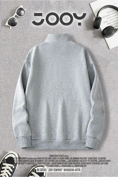 Moodopia Half Zipper Heart Printed Gray Women's Sweatshirt