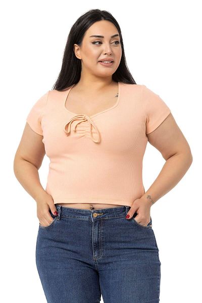 DISENTIS MODEST Plus Size Half Sleeve Camisole Salmon Body with Lacing Detail on the Chest