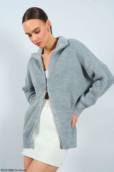 Liora Women's Melted Gray Double Zipper Midi Length Cardigan
