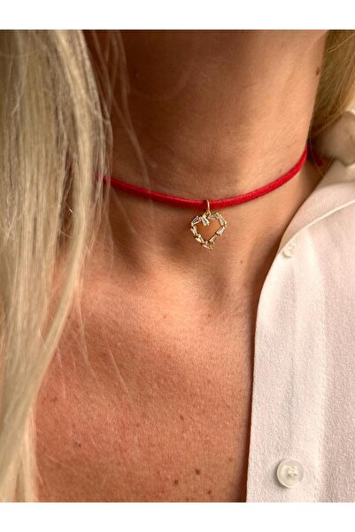 Rossetto Atelier Kırmızı İp Baget Taşlı Kalp Choker Kolye