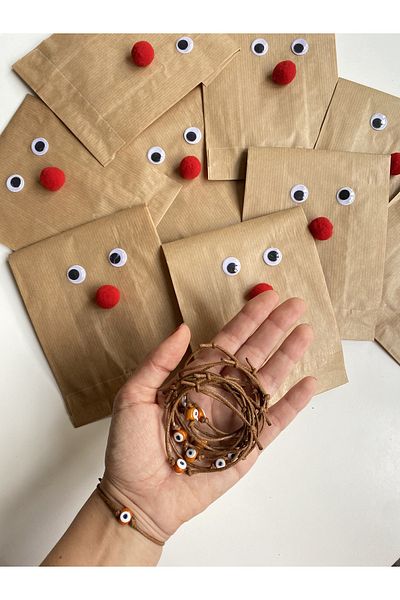 TAKI BY EKİN Set of 10 New Year's Gift Bracelets with Red String, Glass Evil Eye Beads and 10 Deer Gift Packages