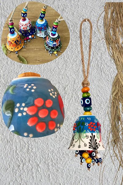 Art inside White Ceramic Bell Tile Patterned Evil Eye Bead and Wooden Bead Detailed Home Office Ornament