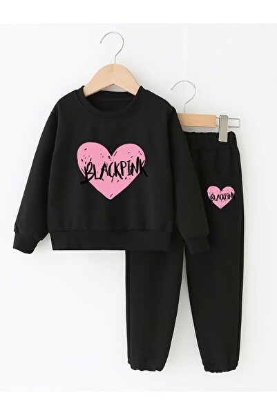 MECH BUTİK Set de trening pentru fete negre cu imprimeu Blacpink Heart Set de...