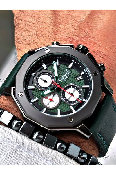 Ferrucci Stylish Design Men's Wristwatch with Green Leather Strap Function + BRACELET WITH GIFT