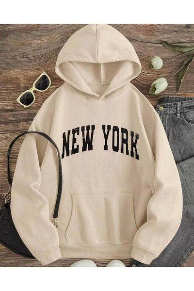 My Blog Dámská béžová mikina s kapucí s potiskem New York