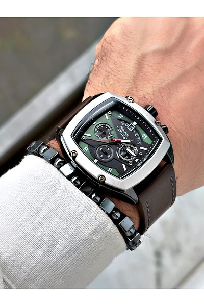 Ferrucci Brown Leather Strap Square Functions Active Men's Wristwatch + BRACELET WITH GIFT