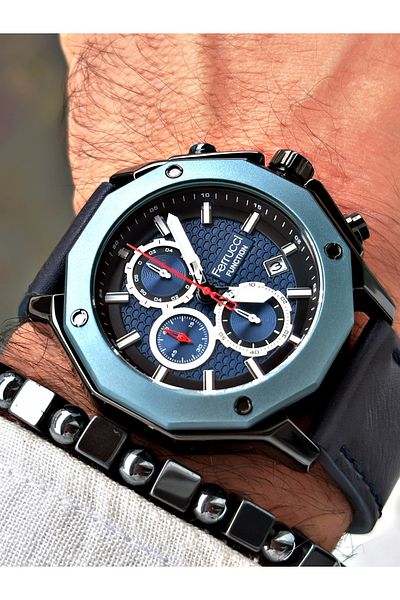 Ferrucci Stylish Design Men's Watch with Dark Blue Leather Strap Function + BRACELET WITH GIFT