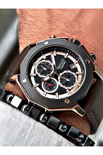 Ferrucci Stylish Design Men's Wristwatch with Brown Leather Band Function + BRACELET WITH GIFT