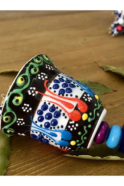 Art inside Black Ceramic Christmas Bell Tile Patterned Evil Eye Bead and Wooden Bead Detailed Pine Tree Ornament