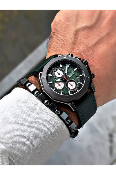 Ferrucci Stylish Design Men's Wristwatch with Green Leather Strap Function + BRACELET WITH GIFT