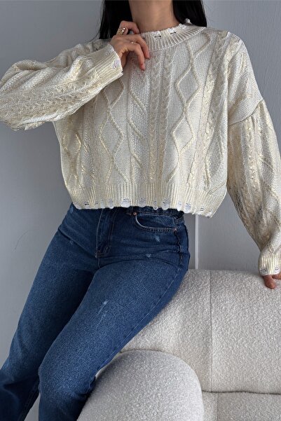 FEMELLE Τυπικό πλεκτό πουλόβερ με σχισμένη λεπτομέρεια από χρυσό φύλλο