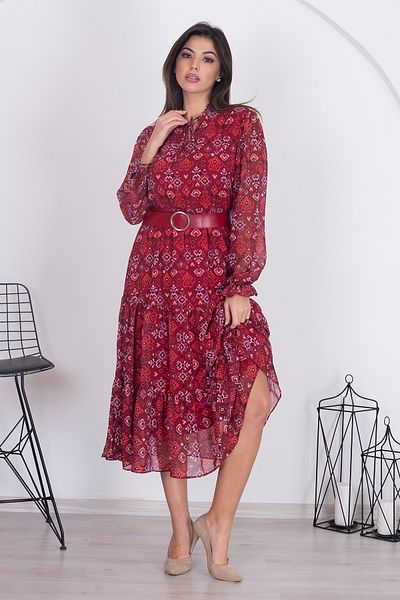 Neşeli Butik women's lining ethnic print chiffon dress RSNB002 - Burgundy