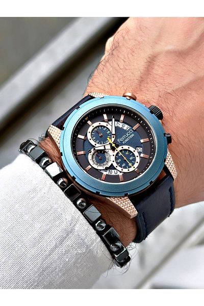 Ferrucci Navy Blue Color Leather Strap Functions Active Men's Wristwatch + BRACELET WITH GIFT
