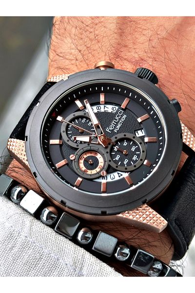 Ferrucci Black Color Leather Strap Functions Active Men's Wristwatch + BRACELET WITH GIFT