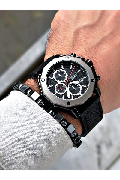 Ferrucci Stylish Design Men's Wristwatch with Black Leather Strap Function + BRACELET WITH GIFT