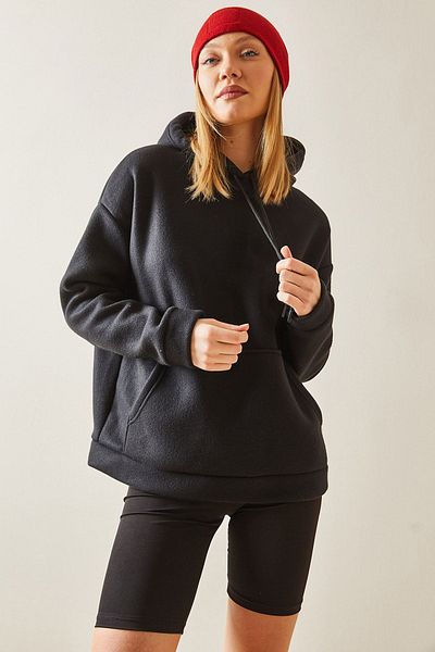 XHAN Black Kangaroo Pocket & Hooded Fleece Sweatshirt 4KXK8-47857-02