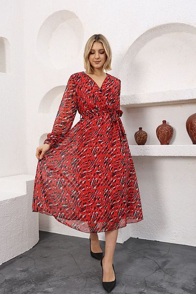 Neşeli Butik rochie de damă din șifon midi cu imprimeu cu rever dublu RSSN49