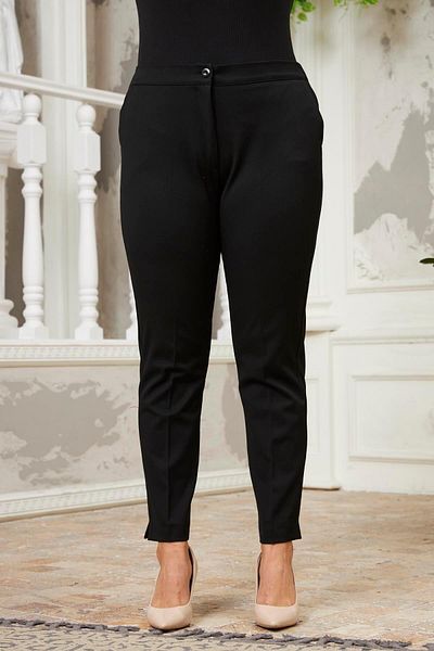 RMG Plus Size Gabardine Black Trousers with Leg Slit Detail