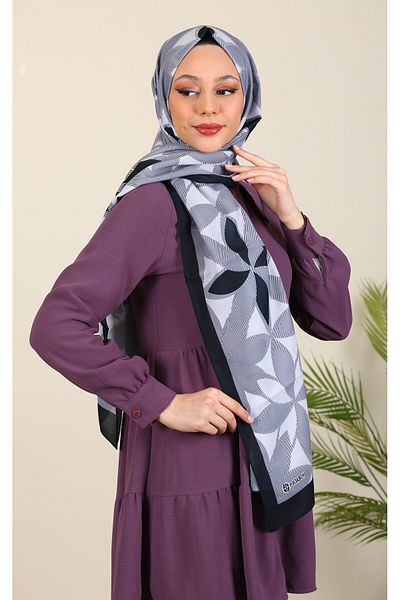 hijabchi Σειρά Lotus με εισαγόμενο μοτίβο μεταξωτό σάλι Medina - Νέες συλλογές |   Γκρι - Μαύρο