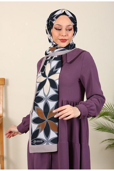 hijabchi Σάλι από μετάξι Medina με σχέδιο Lotus - Συλλογές Mink and Mustard