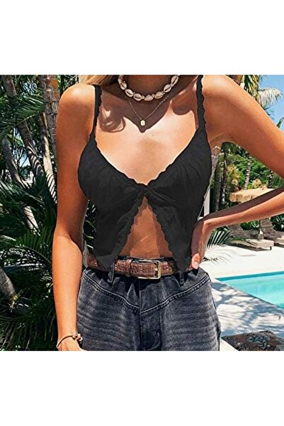 ARDSU Чорна кроп-топ з мереживними бретельками та відкритим животом