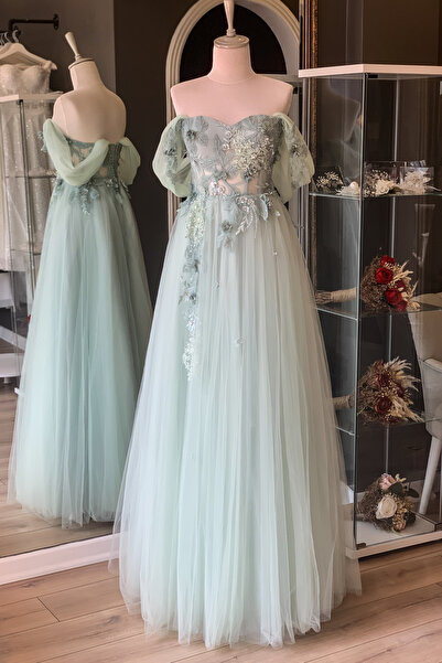 Lenta Moda Su Yeşili İşlemeli Dantel ve Üç Boyutlu Dantel Kaplamalı Transpara...