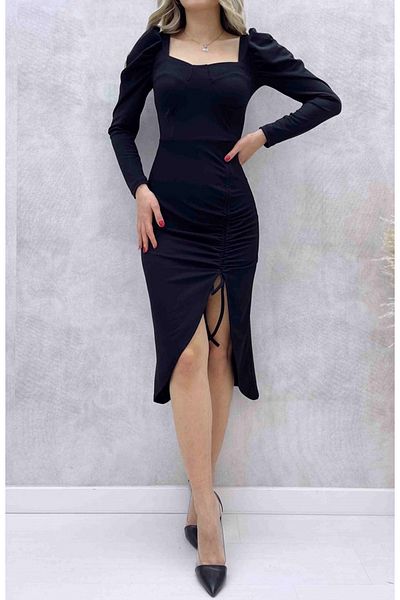 WOMAN VISION Rochie neagră cu mânecă lungă Midi cu mâneci lungi, guler pătrat, pentru femei, 020