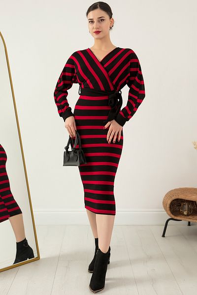 PULLIMM Rochie tricotată midi cu guler dublu cu dungi în talie 0216