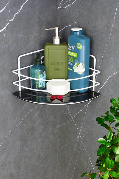 HIMYHOME Ανοξείδωτη θήκη για σαμπουάν από λευκό σύρμα με κρυστάλλινο ράφι αυτοκόλλητο ράφι οργάνωσης μπάνιου