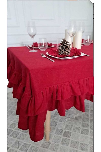 eyma home Duck linen red frilly tablecloth (140×180cm)
