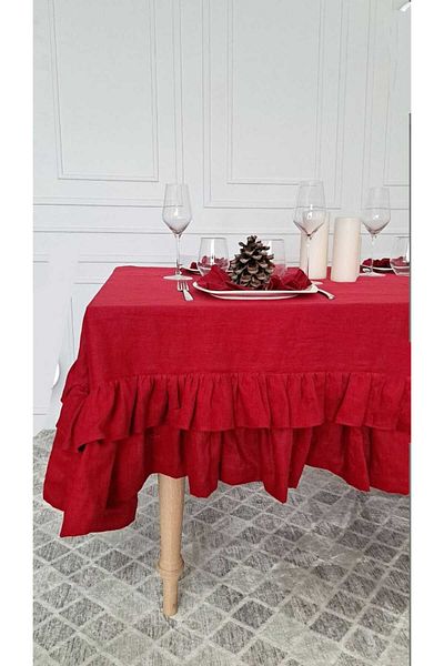 eyma home Duck linen red frilly tablecloth (140×180cm)