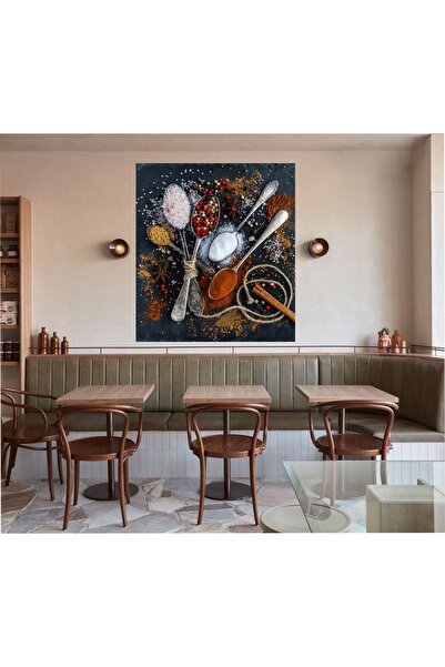 HDART Modern Mutfak Masasındaki Baharatlar Baharat Baharatcı Aktar Dekoratif Kanvas Duvar Tablosu