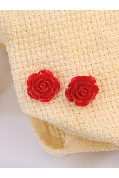 bymissmücevherat 925 Ayar Kırmızı Gül Model Kadın Gümüş Küpe 8 Mm