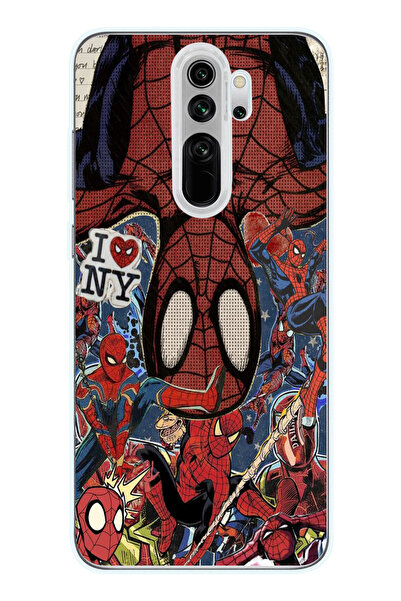 Magic Ring Redmi Note 8 Pro Uyumlu Spiderman Kolaj Desenli Şeffaf Telefon Kılıfı