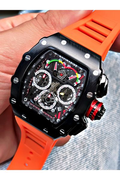 Navimarine Orange Color Functional Sports Silicone Square Men's Wristwatch + BRACELET WITH GIFT