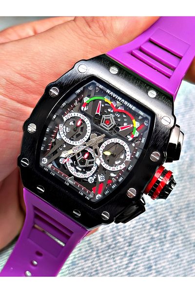 Navimarine Purple Color Functional Sports Silicone Square Men's Wristwatch + BRACELET WITH GIFT