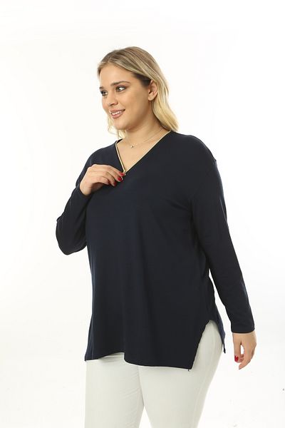 MJORA Navy Blue Collar Zippered Wide Fit Viscose Blouse