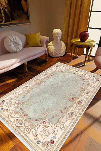 10 Post Online Figürlü Çiçekli Mavi Ekru Kaydırmaz Kesme Yıkanabilir Ince Halı