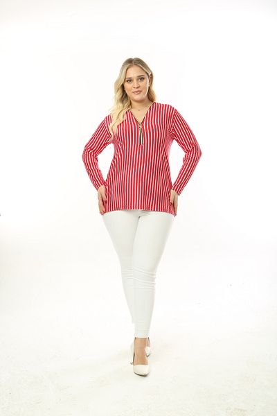 MJORA Red Striped Collar Zipper Plus Size Blouse